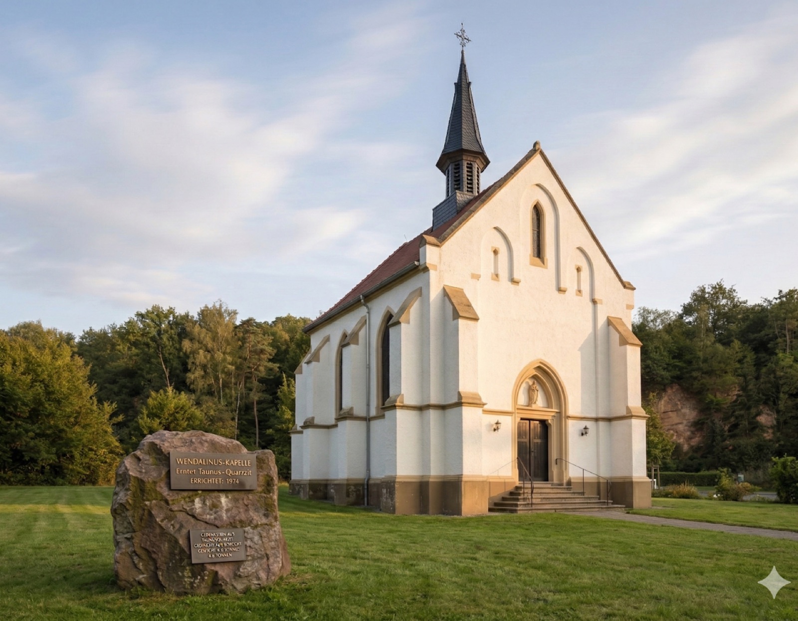 Außenansicht der Wendalinuskapelle Ludweiler mit Turm und Gedenkstein